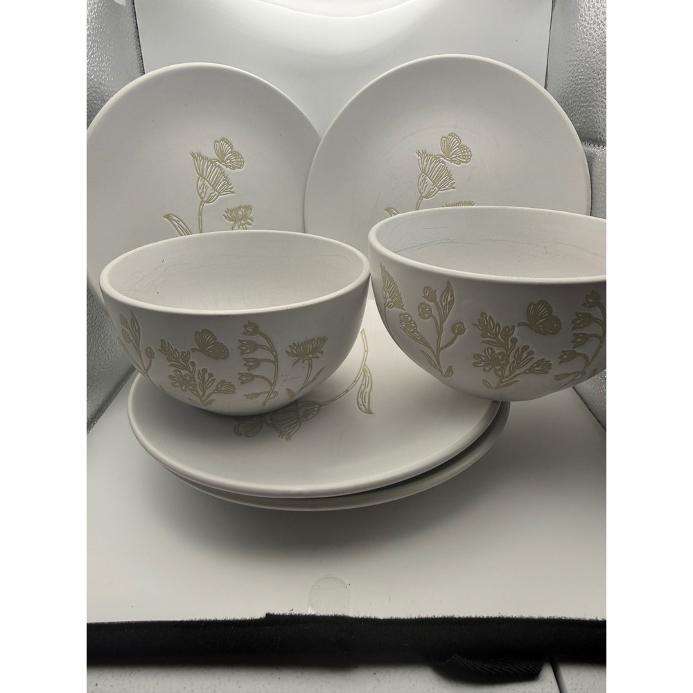Hobby Lobby White Stoneware Floral Butterfly 6pc Set 4 Plates 2 Bowls Farmhouse